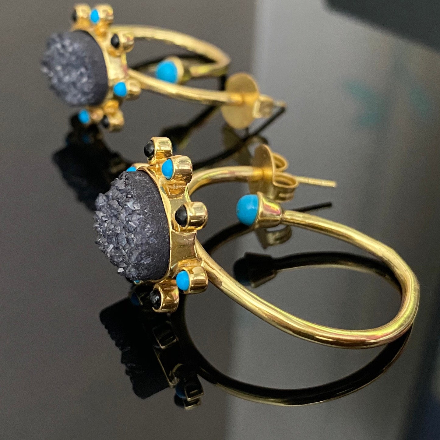 Black Onyx, Agate, Turquoise Gold Earrings, Druzy Earrings, Unique Gemstone Earrings, Birthday Gifts For Women