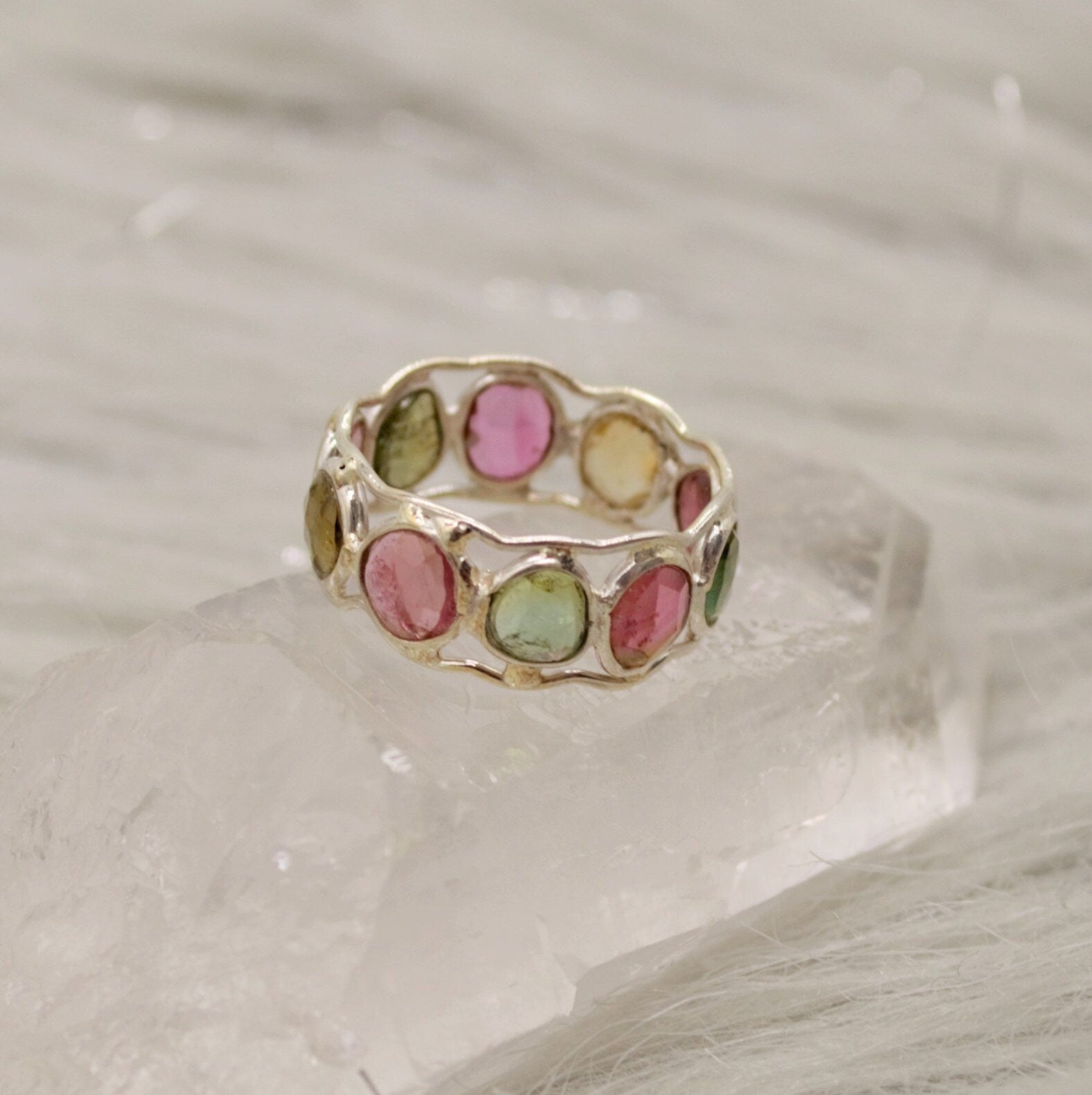 Tourmaline Ring, Stacking Silver Ring, Raw Gem Ring, Green, Pink Tourmaline Jewelry, Rings for Women, October Birthstone, Gift for Her