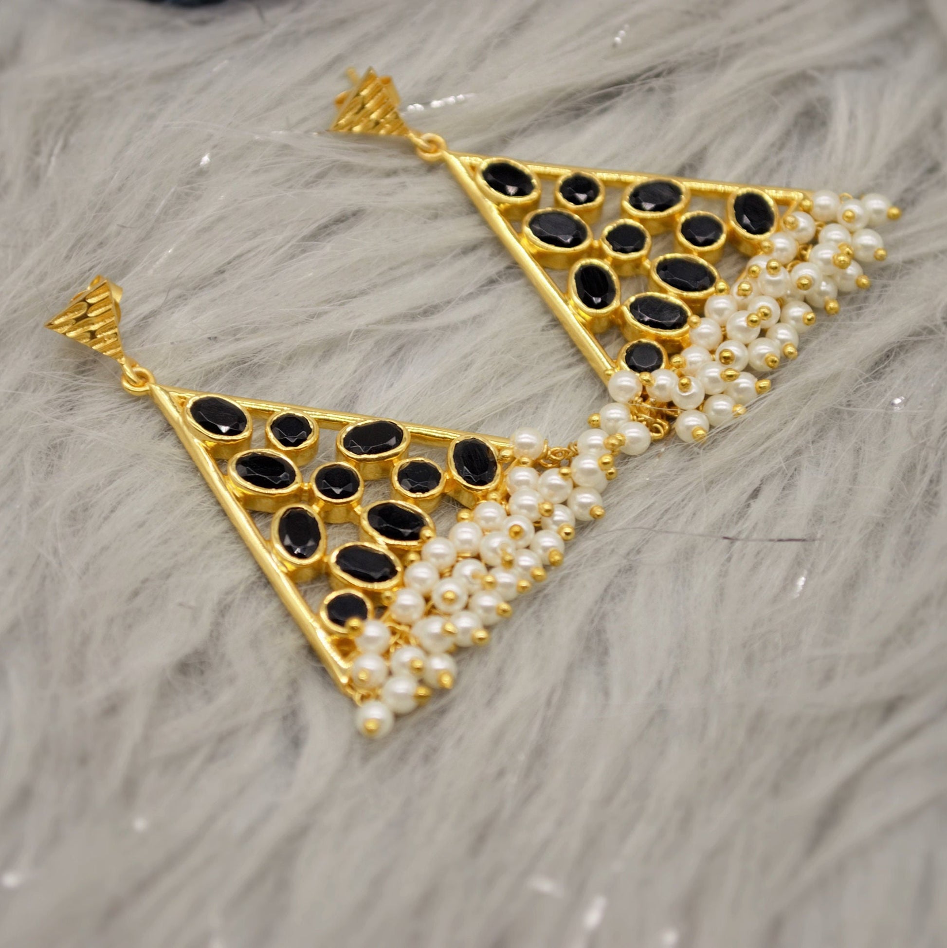 Black Onyx, Pearl Gold Earrings, June Birthstone Earrings, Statement Gemstone Earrings, Gift For Her