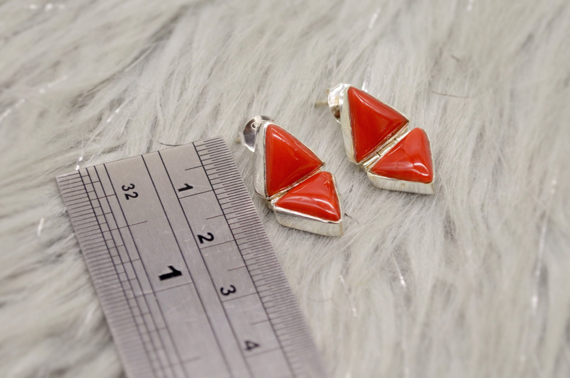 Red Coral Sterling Silver Earrings, Dainty Triangle Earrings, Minimalist Gemstone Earrings, Coral Jewelry, Christmas Gifts for Her