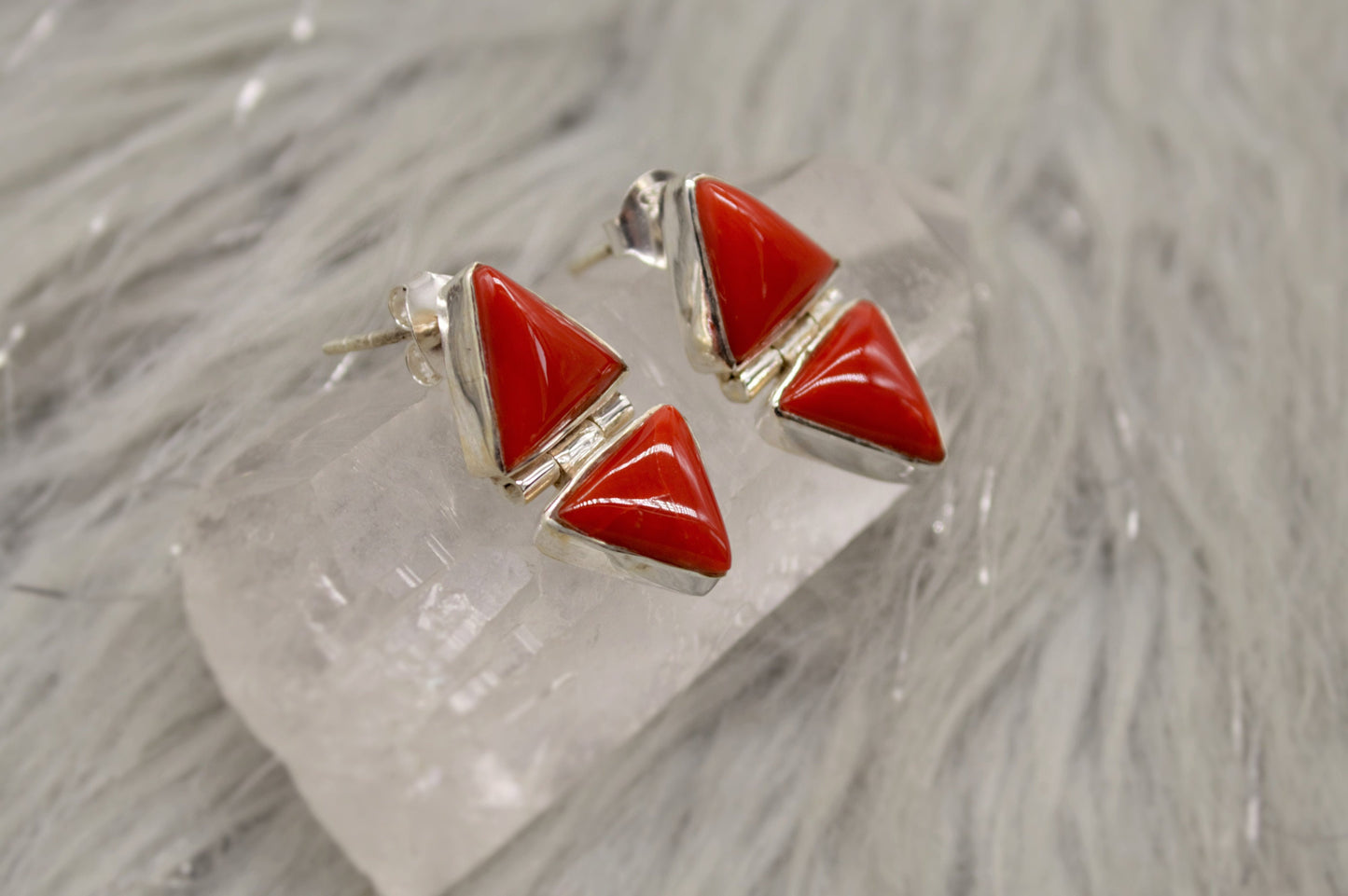 Red Coral Sterling Silver Earrings, Dainty Triangle Earrings, Minimalist Gemstone Earrings, Coral Jewelry, Christmas Gifts for Her