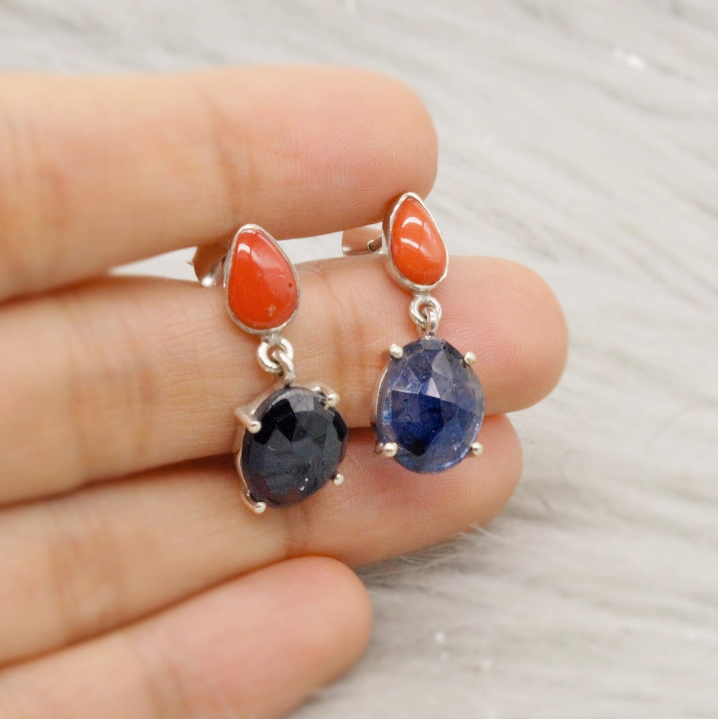 Raw Blue Sapphire, Coral Silver Earrings, Sterling Silver, September Birthstone Jewelry, Gemstone Drop Earrings, Birthday Gifts For Her