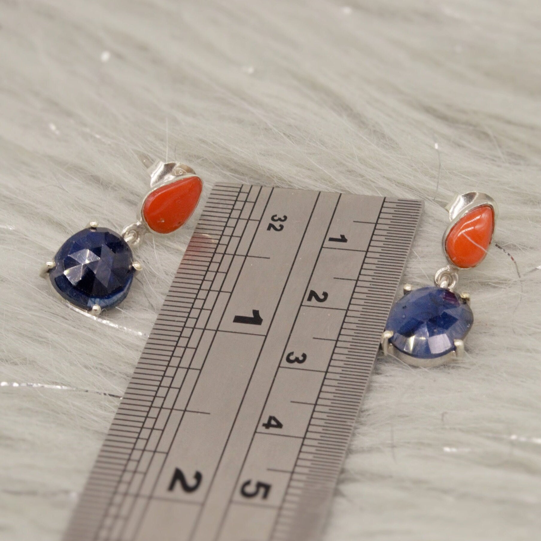 Raw Blue Sapphire, Coral Silver Earrings, Sterling Silver, September Birthstone Jewelry, Gemstone Drop Earrings, Birthday Gifts For Her
