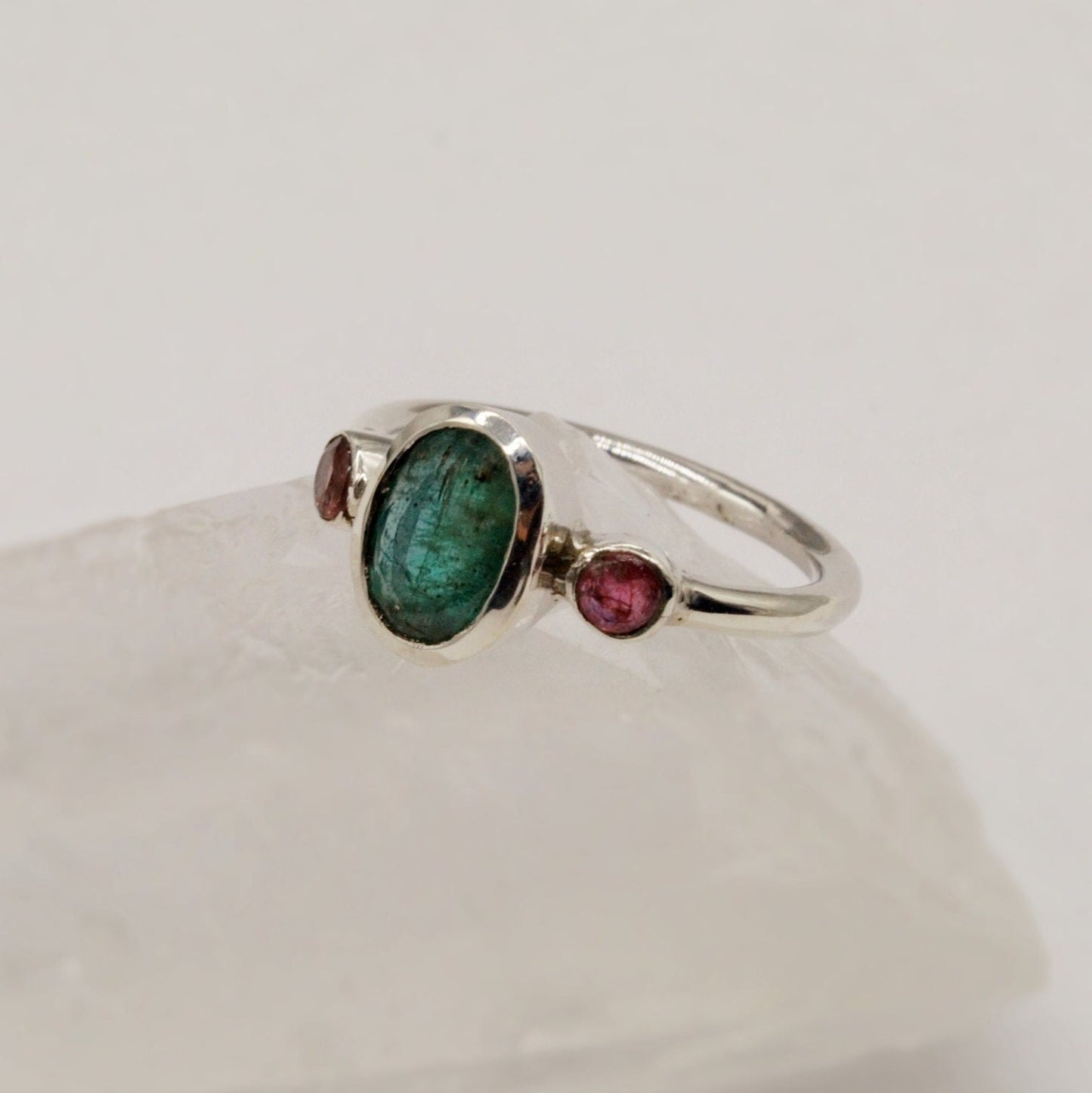 Emerald, Pink Tourmaline Ring, 925 Sterling Silver, Green Gemstone, May, October Birthstone, Dainty Gem Ring, Birthday Gift For Her