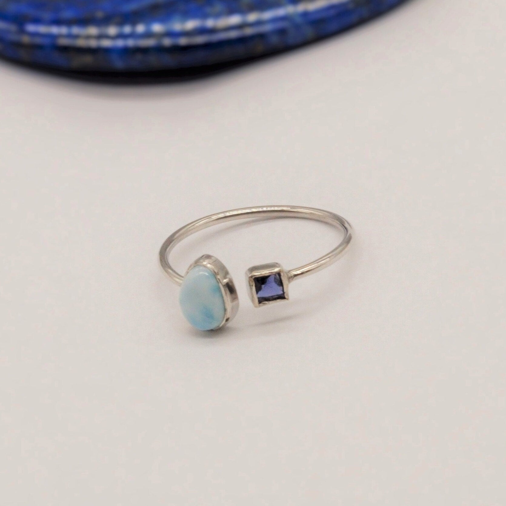 Blue Larimar, Iolite Sterling Silver Ring, Dainty Ring, Open Ring, Gemstone Ring, Rings for Women, Birthday Gift For Her, Mom Gift