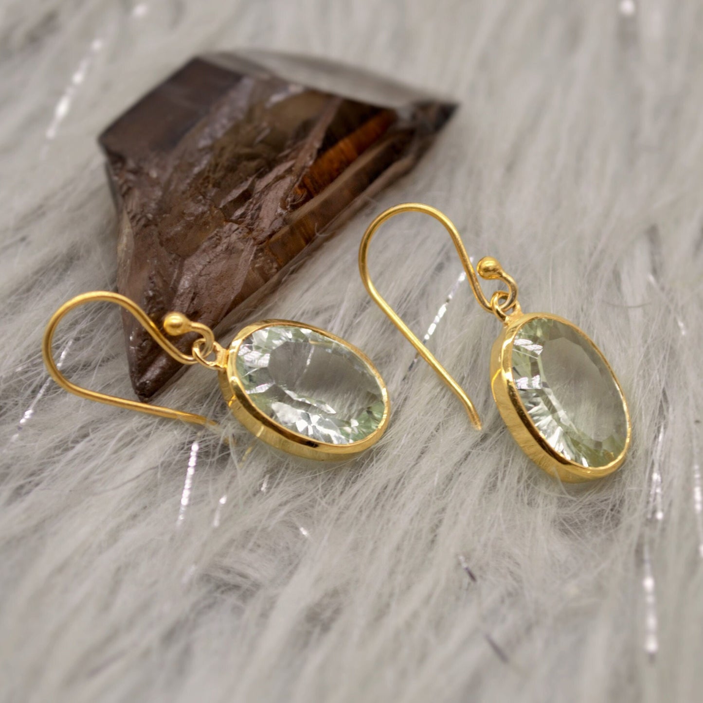 Green Amethyst Gold Earrings, Gold Plated Sterling Silver, February Birthstone Jewelry, Dangle Drop Earrings, Gemstone Dangle, Birthday Gift