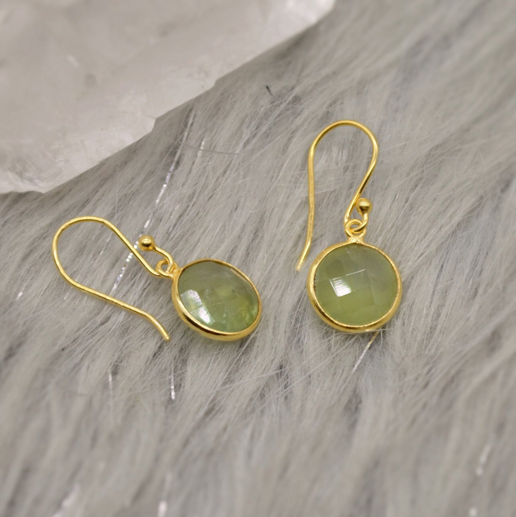Prehnite Gold Earrings, Gold Plated Sterling Silver Gemstone Earrings, Unique Dangle Drop Earrings, Birthday Gifts For Her, Christmas Gifts