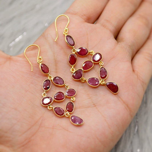 Red Ruby Earrings, Gold Plated Sterling Silver Earrings, Gold Gemstone Earrings, Ruby Dangle Drop Earrings, Bridesmaid, Gifts For Her