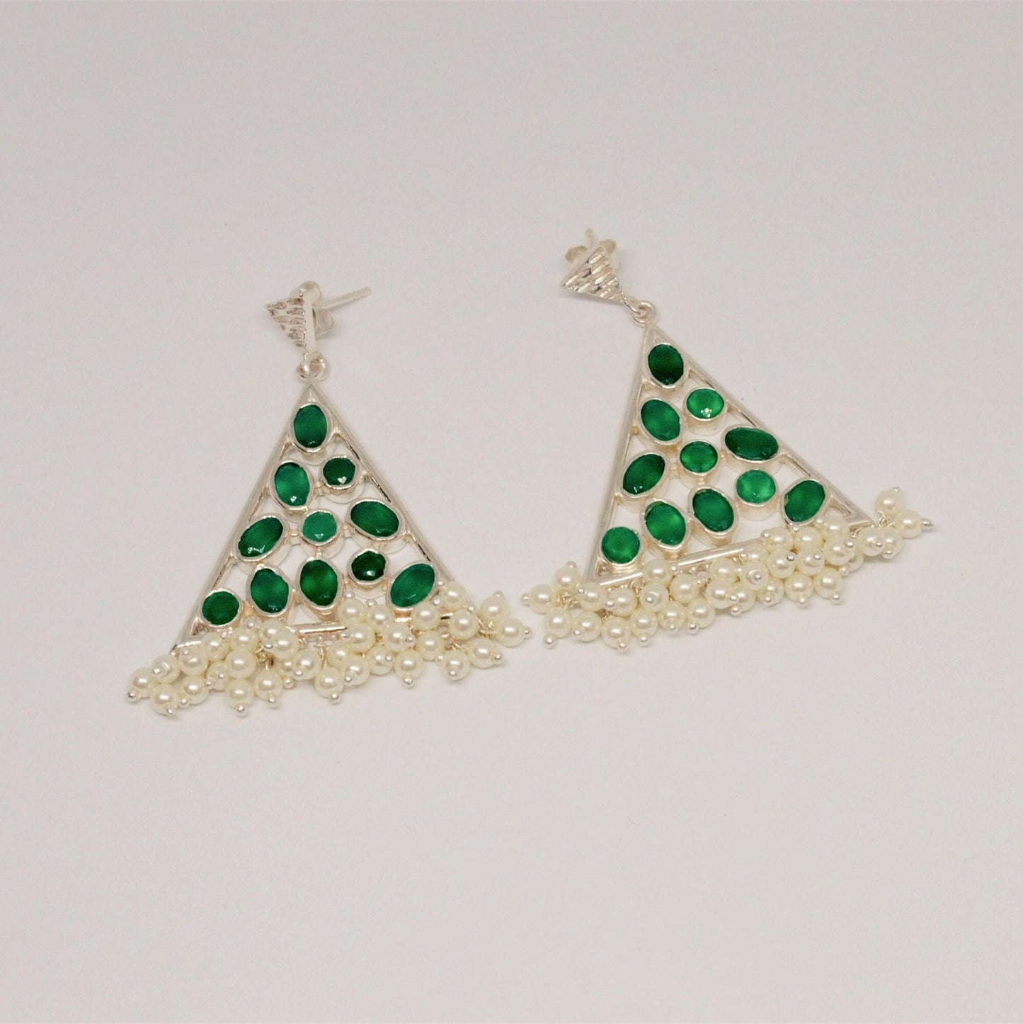 Green Onyx Pearl Silver Earrings, June Birthstone, Pearl Jewelry, Gemstone, Dainty Statement Dangle Earrings, Gift For Her