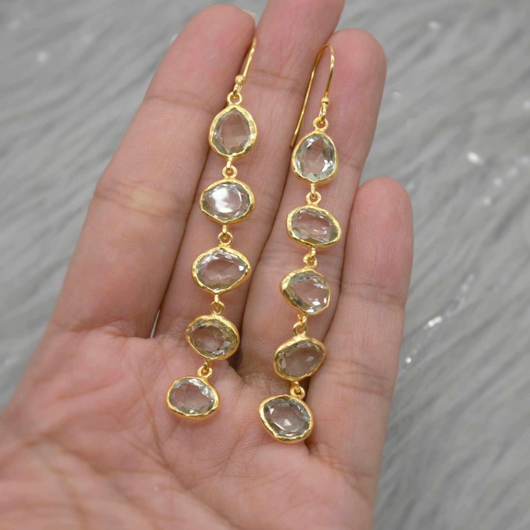 Green Amethyst Gold Dangle Drop Earrings, Gold Plated Sterling Silver Earrings, February Birthstone Earrings, Amethyst Jewelry, Gift For Her