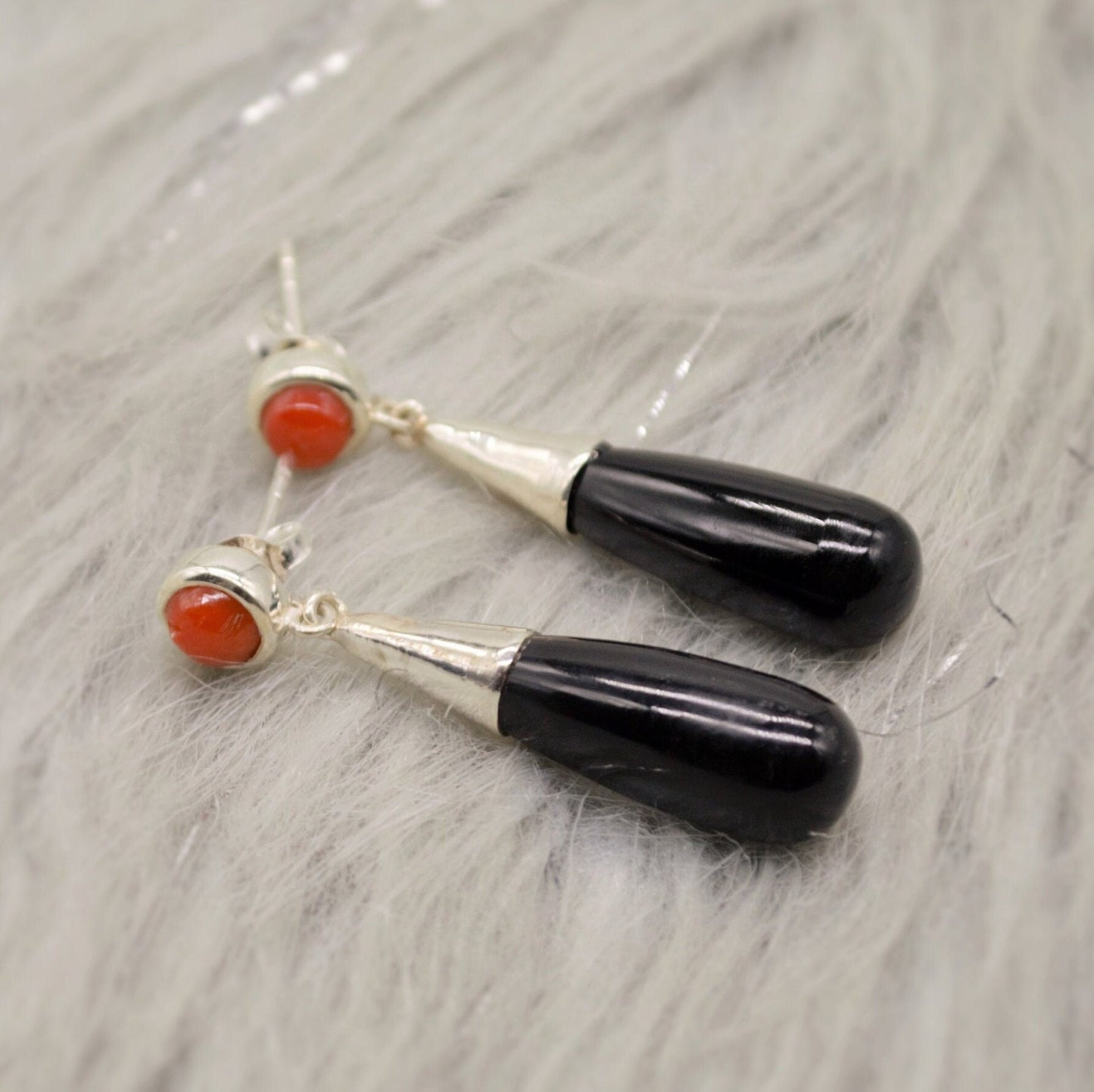 Black Onyx, Red Coral Silver Earrings, Sterling Silver, Red Coral Jewelry, Cute Gemstone Dangle Drop Earrings, Gift For Her
