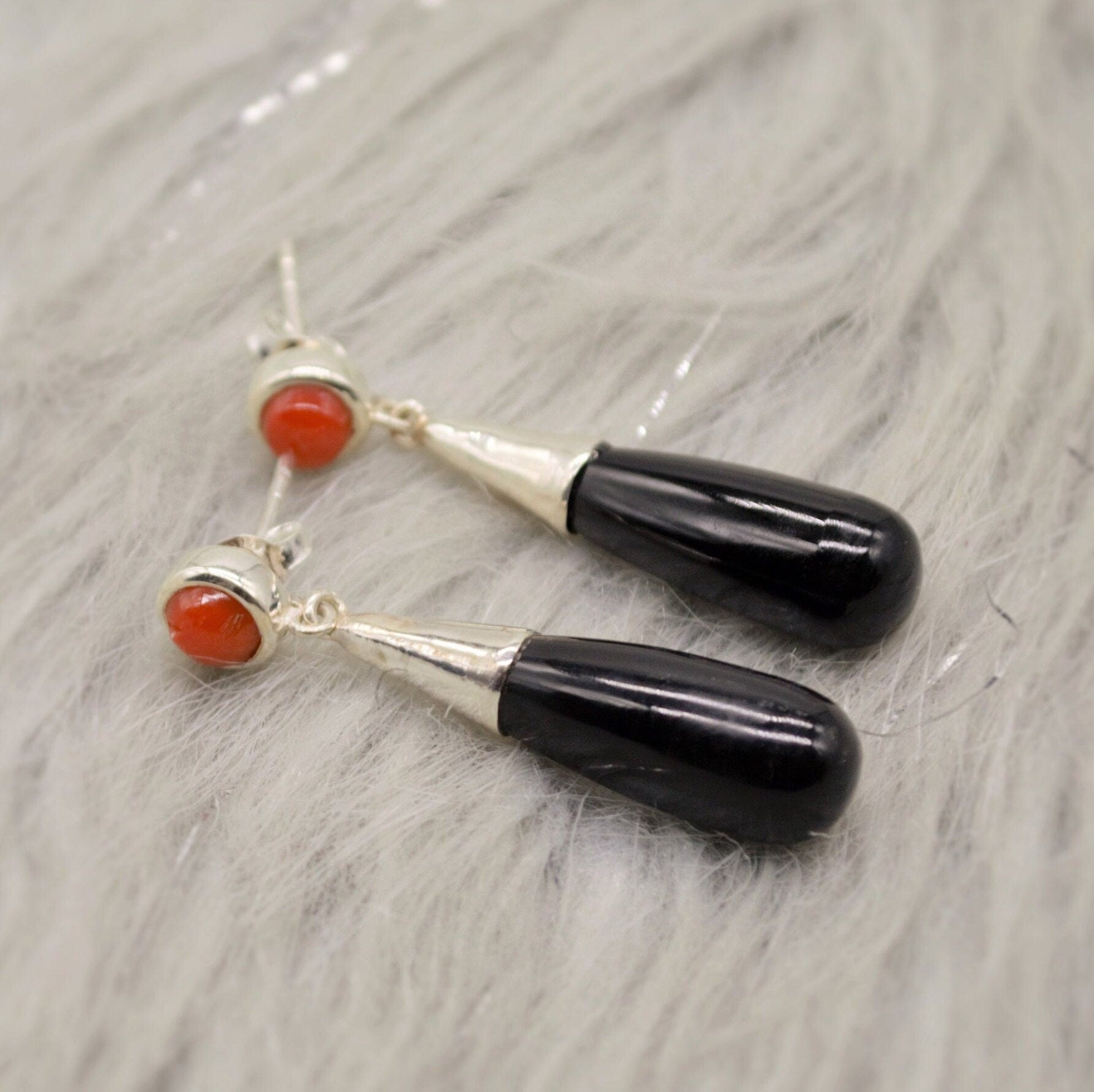 Black Onyx, Red Coral Silver Earrings, Sterling Silver, Red Coral Jewelry, Cute Gemstone Dangle Drop Earrings, Gift For Her