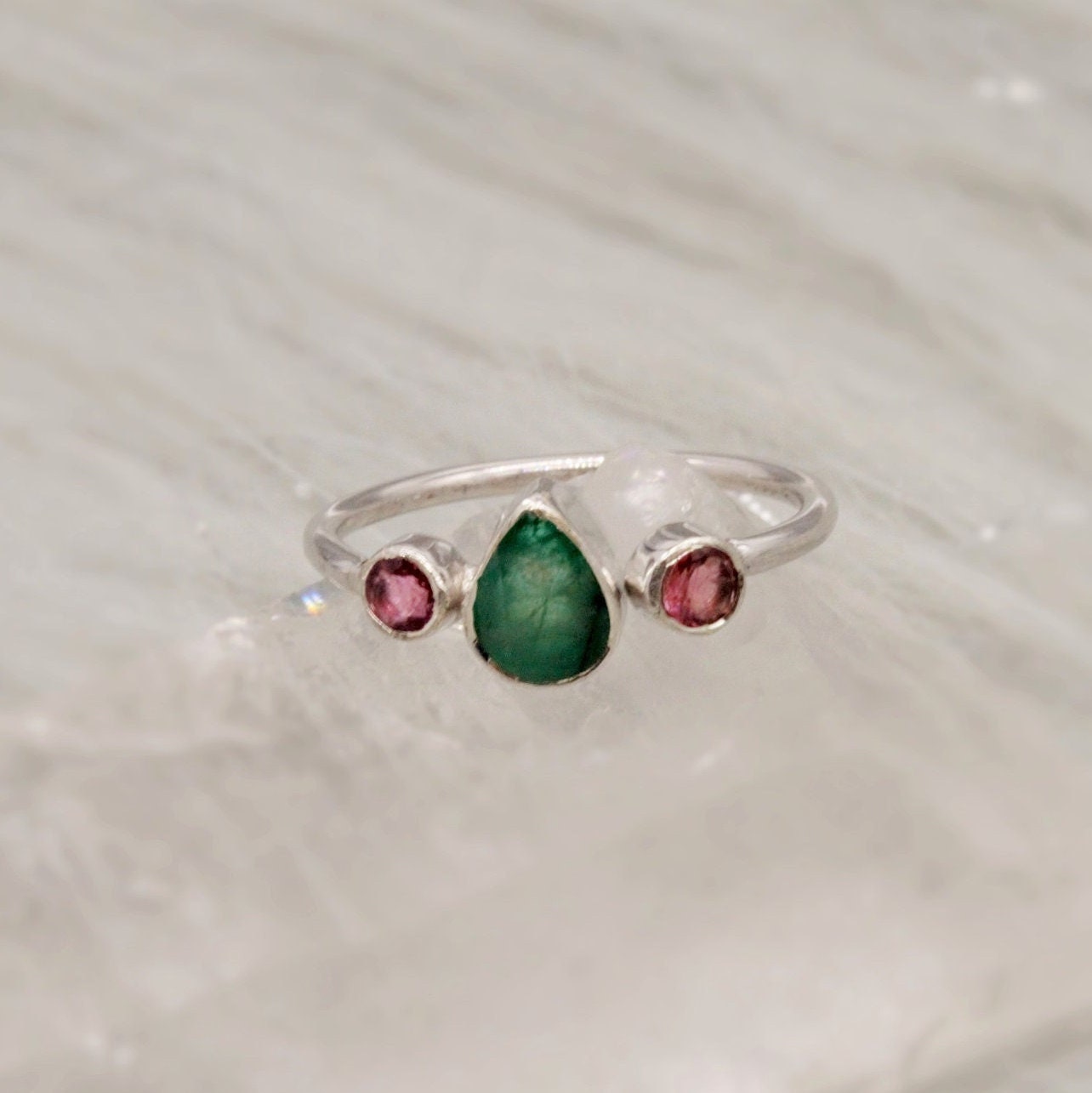 Pink Tourmaline, Emerald Silver Ring, Sterling Silver Emerald Jewelry, May, October Birthstone Ring, Stackable Rings For Women