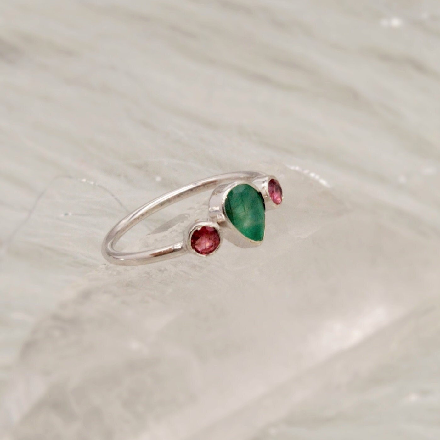 Pink Tourmaline, Emerald Silver Ring, Sterling Silver Emerald Jewelry, May, October Birthstone Ring, Stackable Rings For Women