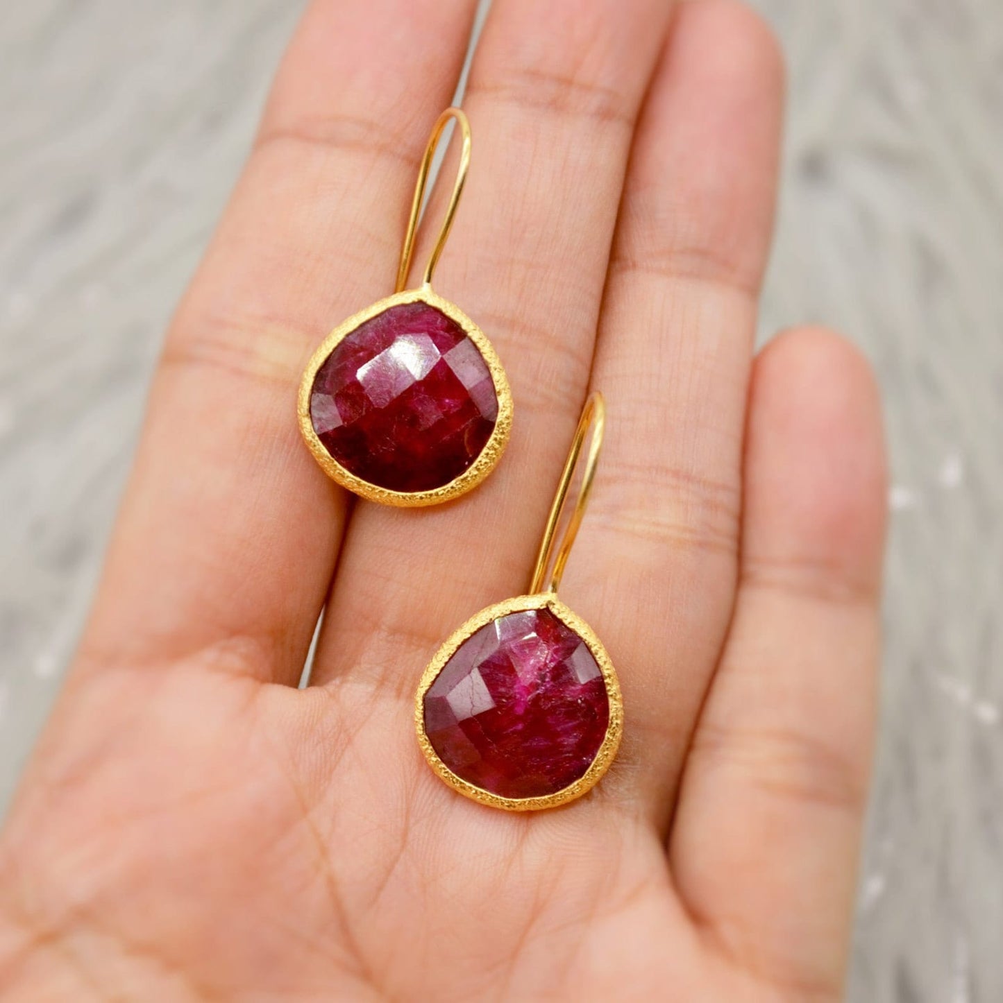 Dyed Red Ruby Silver Dangle Drop Earrings, Gold Plated Sterling Silver, Birthday Gifts For Her, Handmade Gemstone July Birthstone Earrings