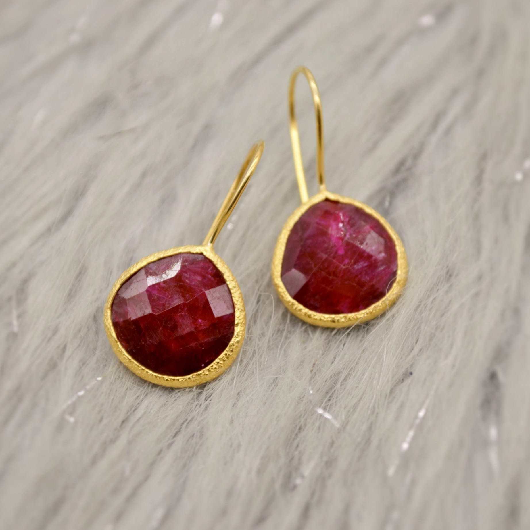 Dyed Red Ruby Silver Dangle Drop Earrings, Gold Plated Sterling Silver, Birthday Gifts For Her, Handmade Gemstone July Birthstone Earrings