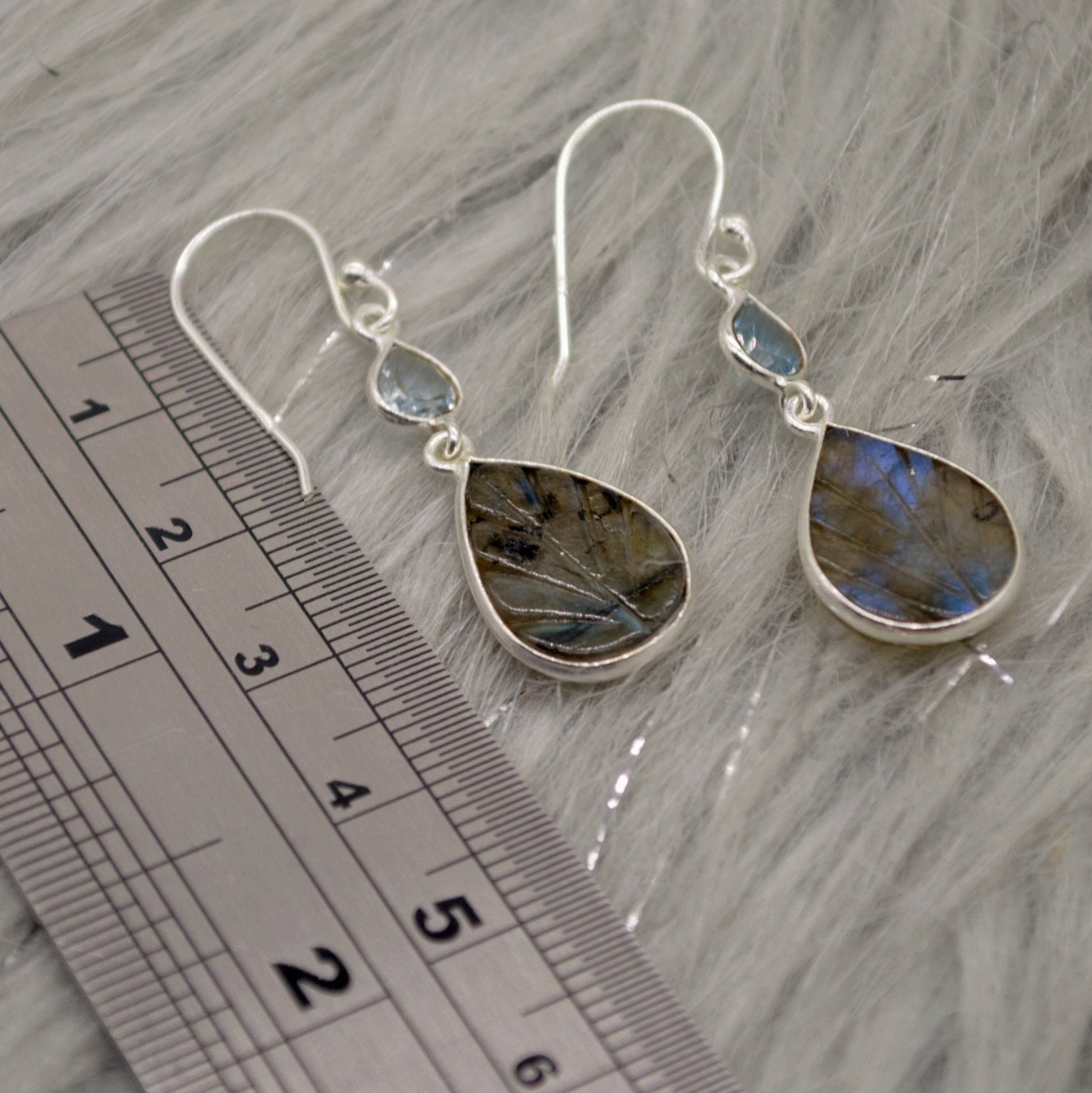 Labradorite, Blue Topaz Drop Earrings, Dangle Gemstone Earrings, Unique Sterling Silver Earrings, December Birthstone, Gift For Her