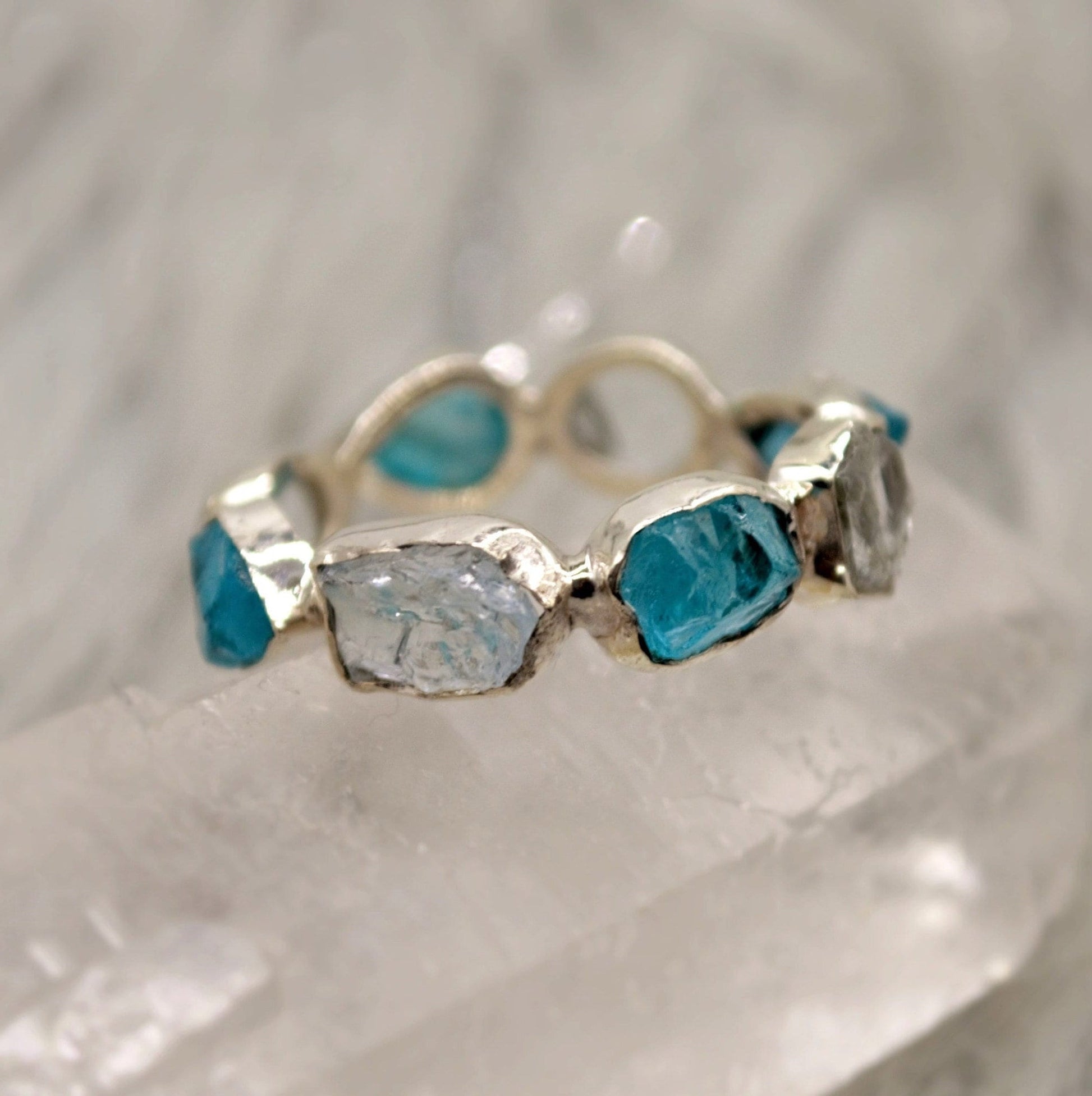 Raw Blue Apatite, Aquamarine Ring, Sterling Silver Ring, March Birthstone, Blue Gemstone Eternity Rings For Women, Apatite Jewelry