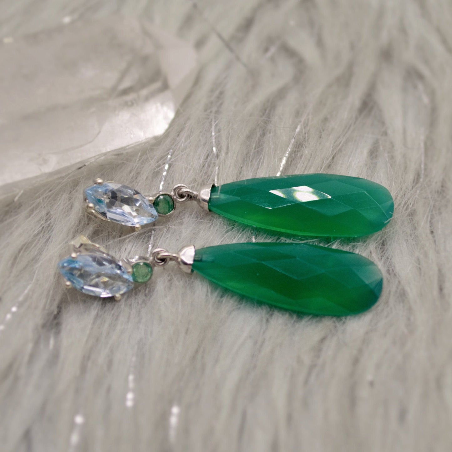 Green Onyx, Blue Topaz, Emerald Earrings, Sterling Silver Gemstone Earrings, May, December Birthstone Earrrings, Birthday Gifts For Her