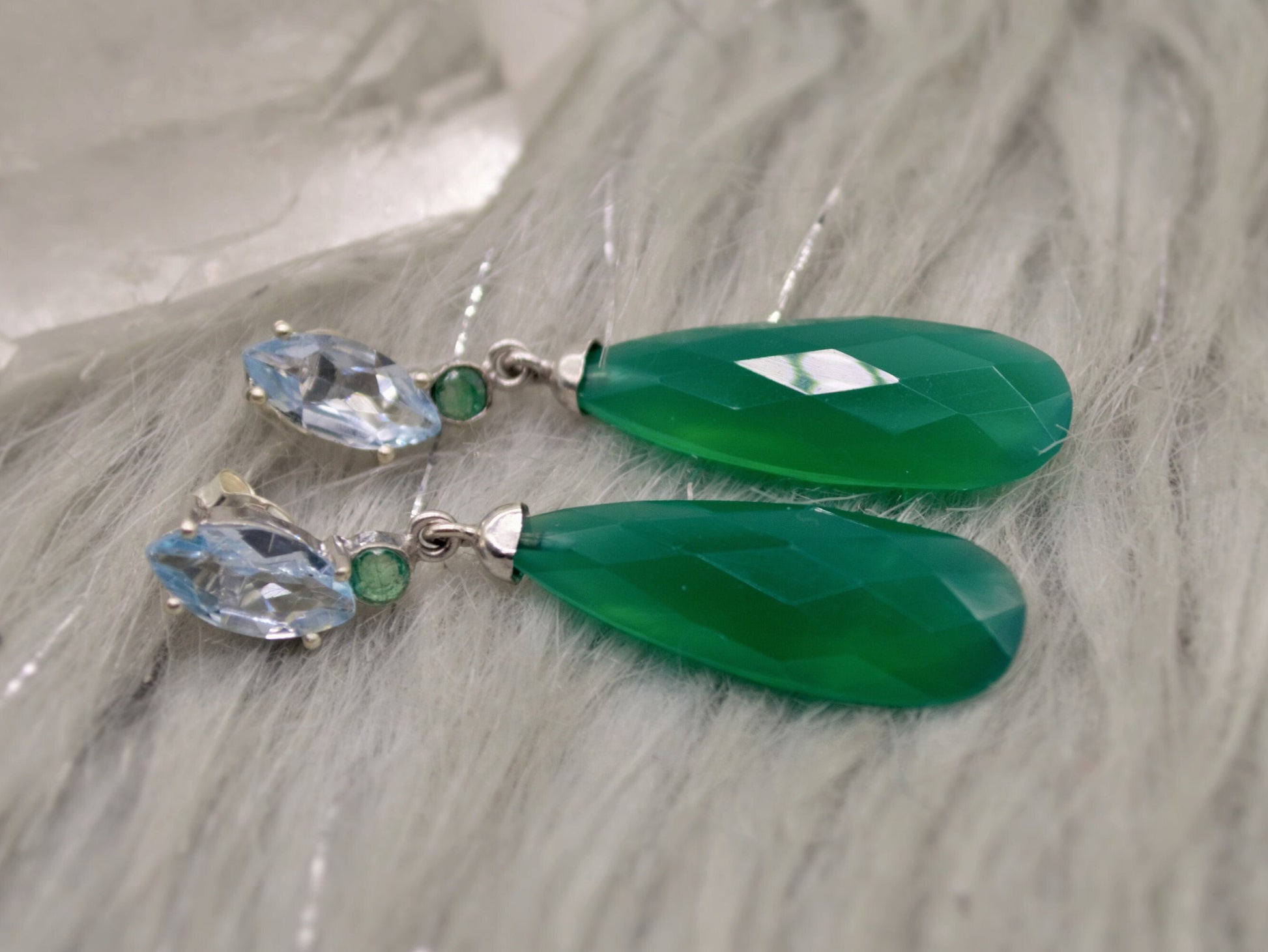 Green Onyx, Blue Topaz, Emerald Earrings, Sterling Silver Gemstone Earrings, May, December Birthstone Earrrings, Birthday Gifts For Her