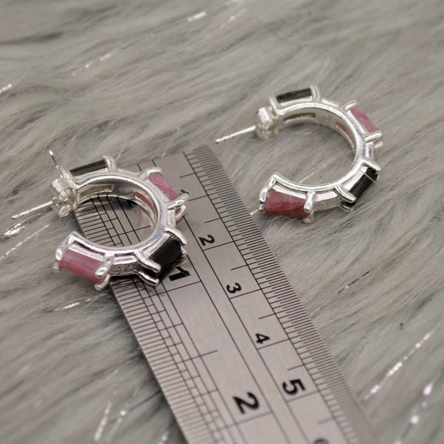 Pink, Black Tourmaline Earrings, Tourmaline Jewelry, October Birthstone Earrings, Handmade Sterling Silver Hoop Earrings, Unique Gemstone