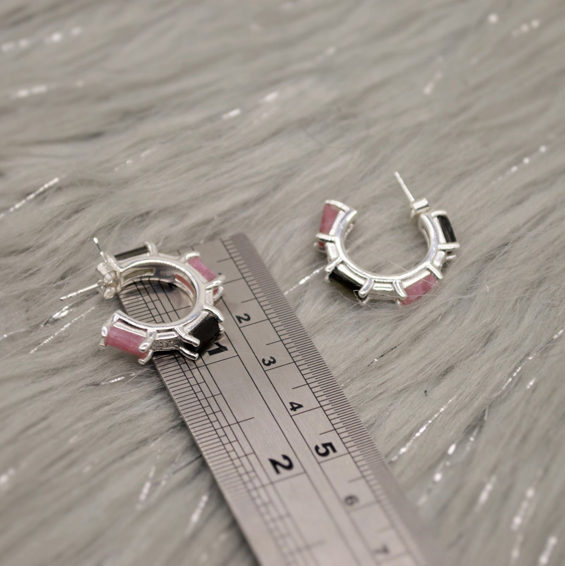 Pink, Black Tourmaline Earrings, Tourmaline Jewelry, October Birthstone Earrings, Handmade Sterling Silver Hoop Earrings, Unique Gemstone