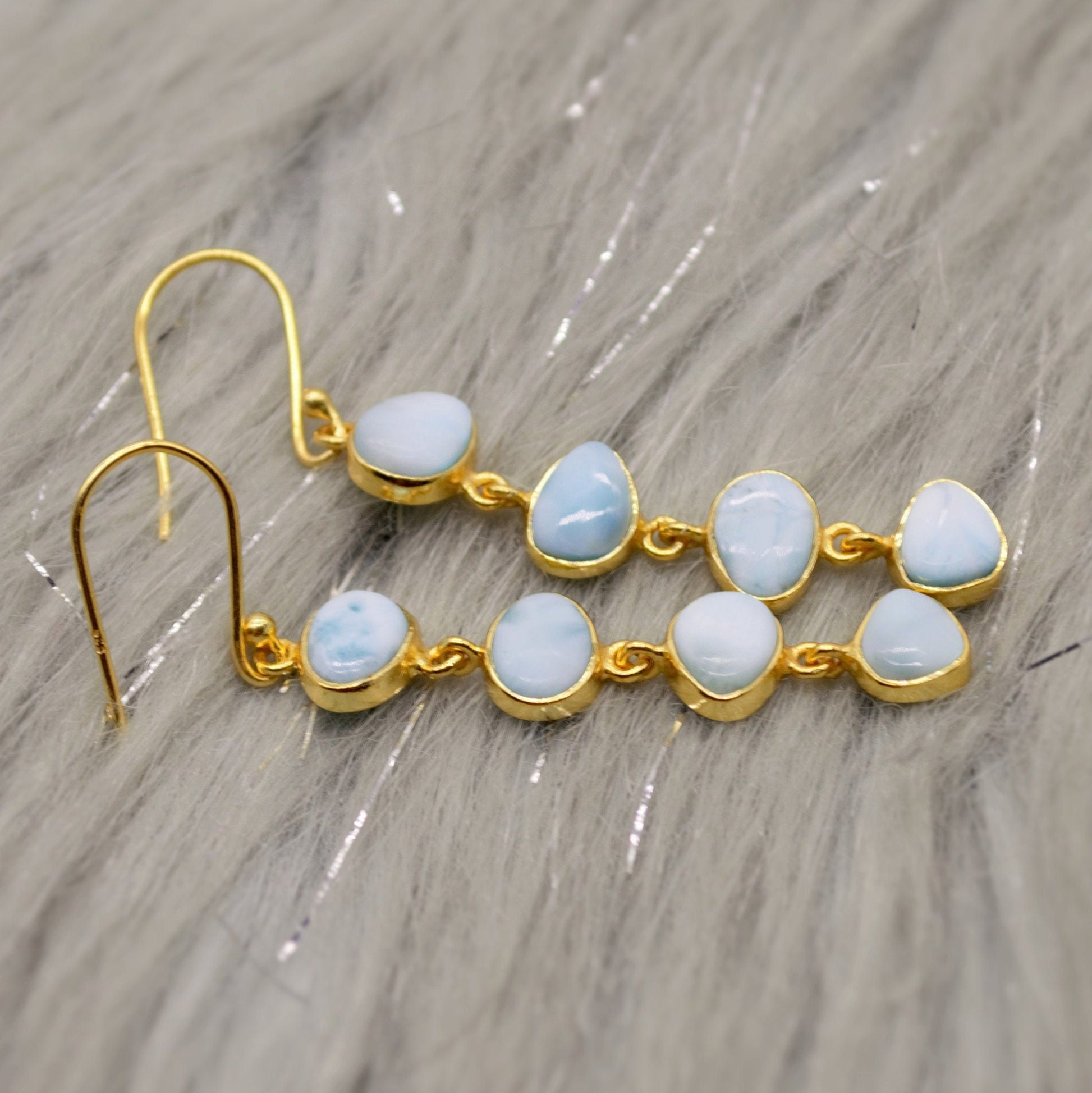 Larimar Dangle Drop Earrings, Gold Plated Sterling Silver Earrings, Blue Larimar Stone, Unique Larimar Gemstone, Handmade Gifts For Her
