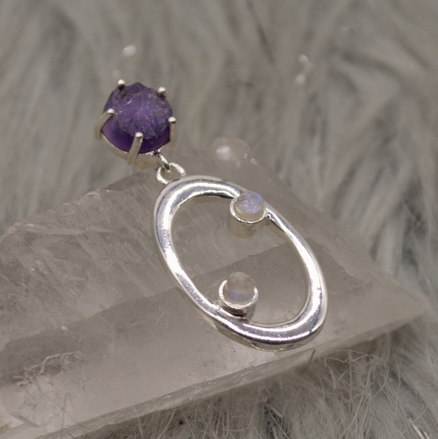 Amethyst, Moonstone Silver Earrings, Amethyst Jewelry, February Birthstone, Minimalist Purple Earrings, Unique Sterling Silver Drop Earrings