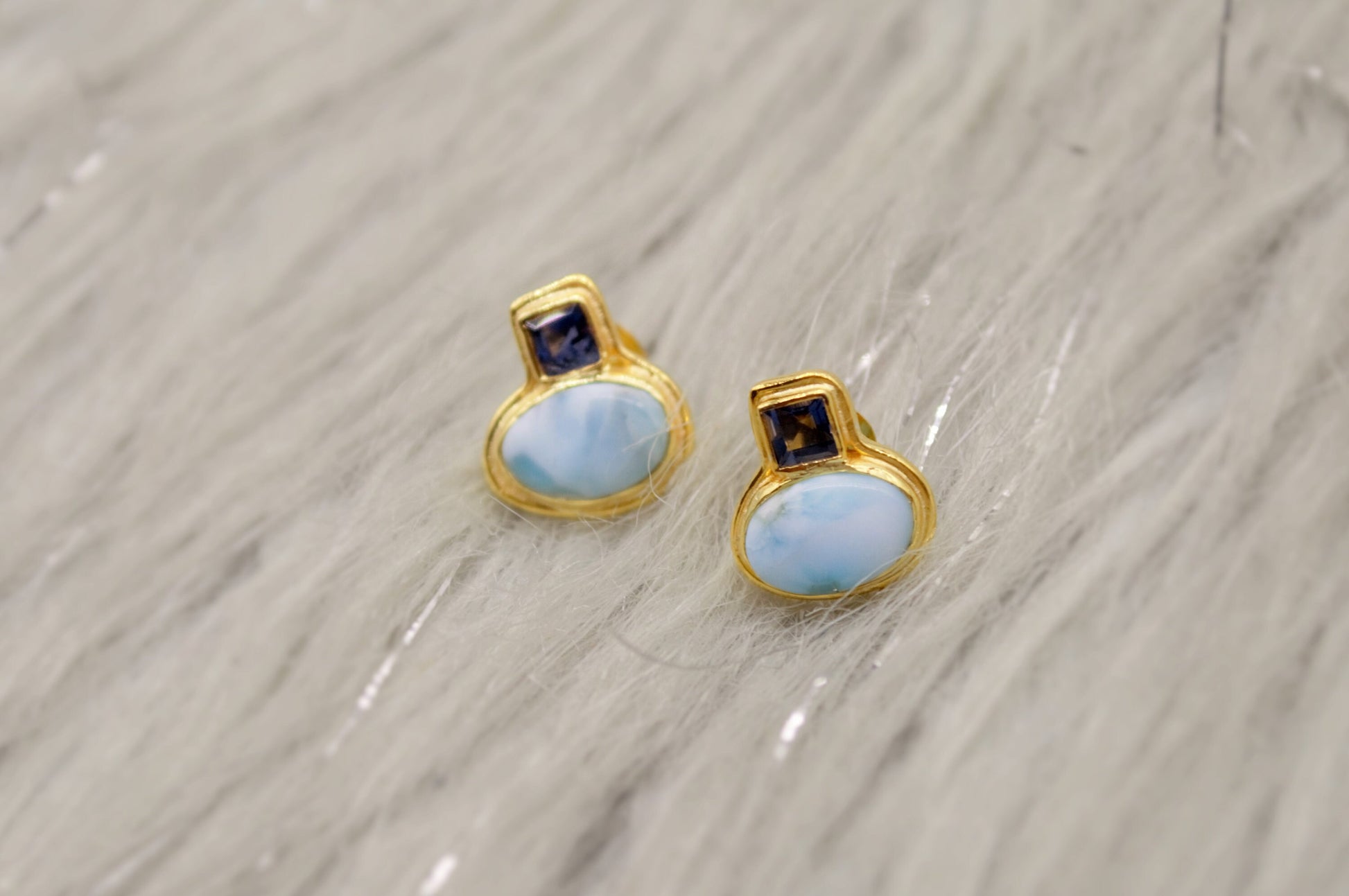 Larimar Earrings, Iolite and Larimar Gemstone, Gold Plated Sterling silver, Dainty Studs Earrings, Handmade Birthday Gift For Her