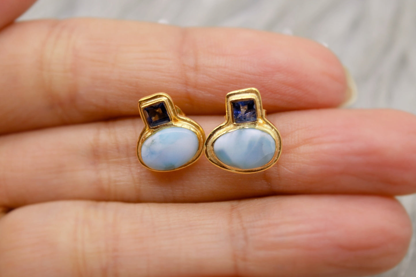 Larimar Earrings, Iolite and Larimar Gemstone, Gold Plated Sterling silver, Dainty Studs Earrings, Handmade Birthday Gift For Her