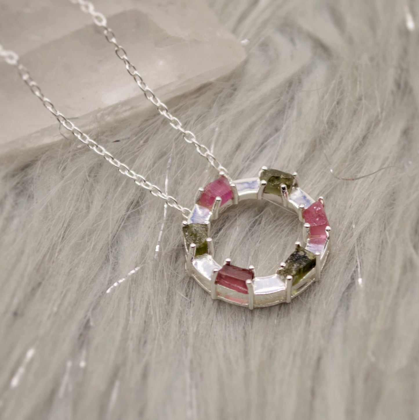 Green, Pink Tourmaline Pendant Necklace, Sterling Silver Chain Necklace, October Birthstone, Gemstone Necklace Gift For Her
