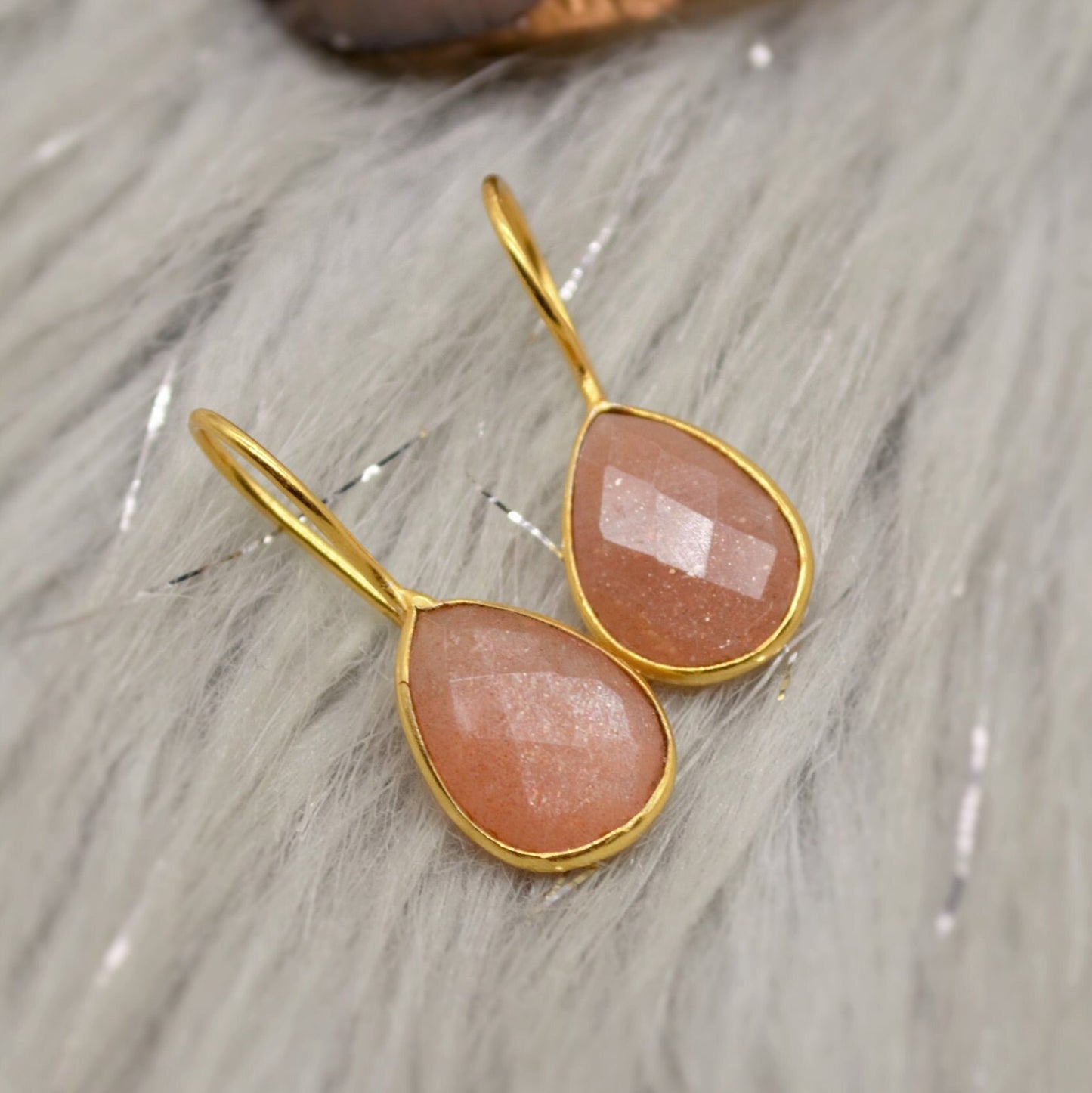 Peach Moonstone Sterling Silver Earrings, Moonstone Jewelry, Unique Gemstone Dangle Drop Earrings, Dainty Earrings, Gift For Her