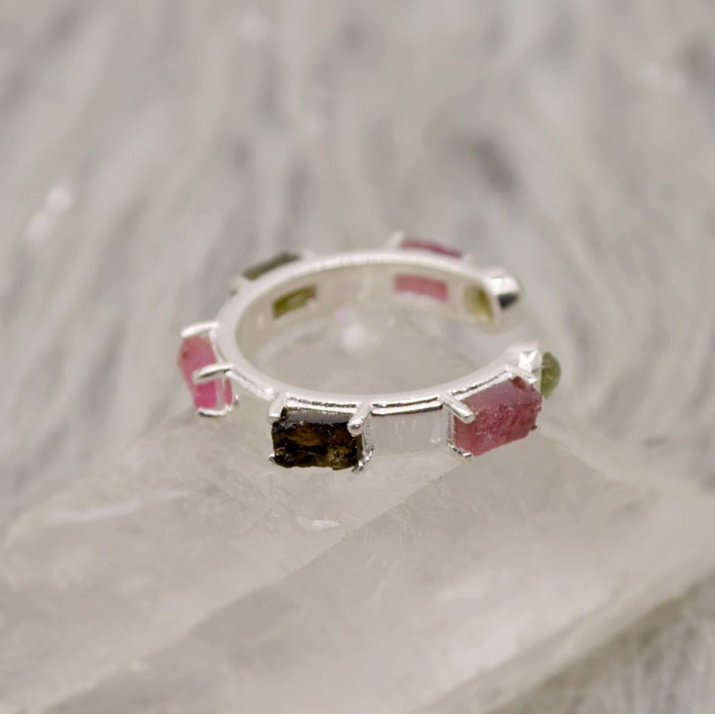 Pink, Black Tourmaline Ring, Tourmaline Jewelry, October Birthstone Ring, Handmade Sterling Silver Hoop Rings, Unique Gemstone Open Ring