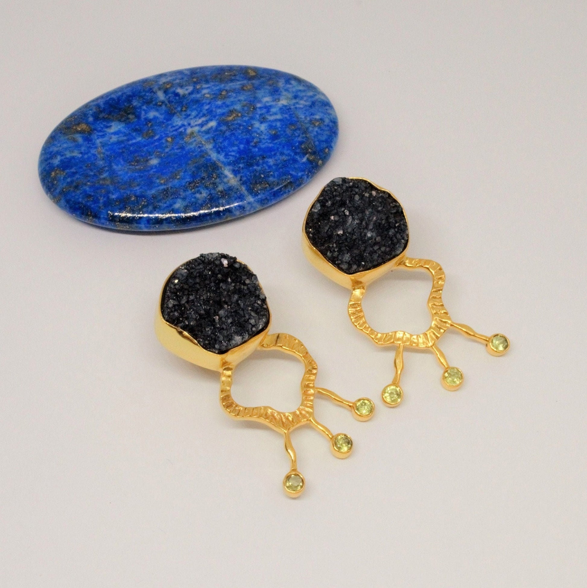 Black Agate, Peridot Gold Earrings, Druzy Earrings, August Birthstone, Peridot Jewelry, Statement Gemstone Earrings, Gift for her