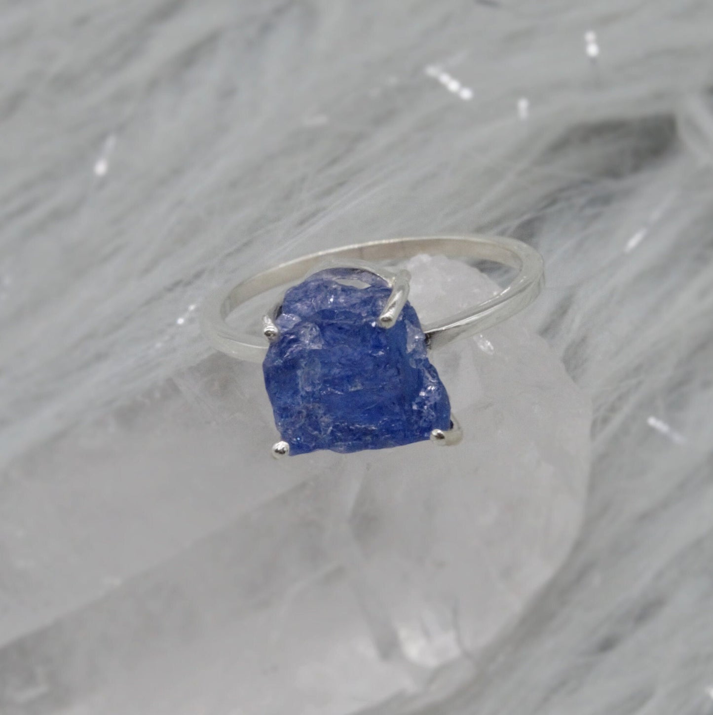 Raw Blue Tanzanite Sterling Silver Ring, Rough Cut Tanzanite, Rings for Women, December Birthstone, Raw Gem Ring, Birthday Gift, UK size T