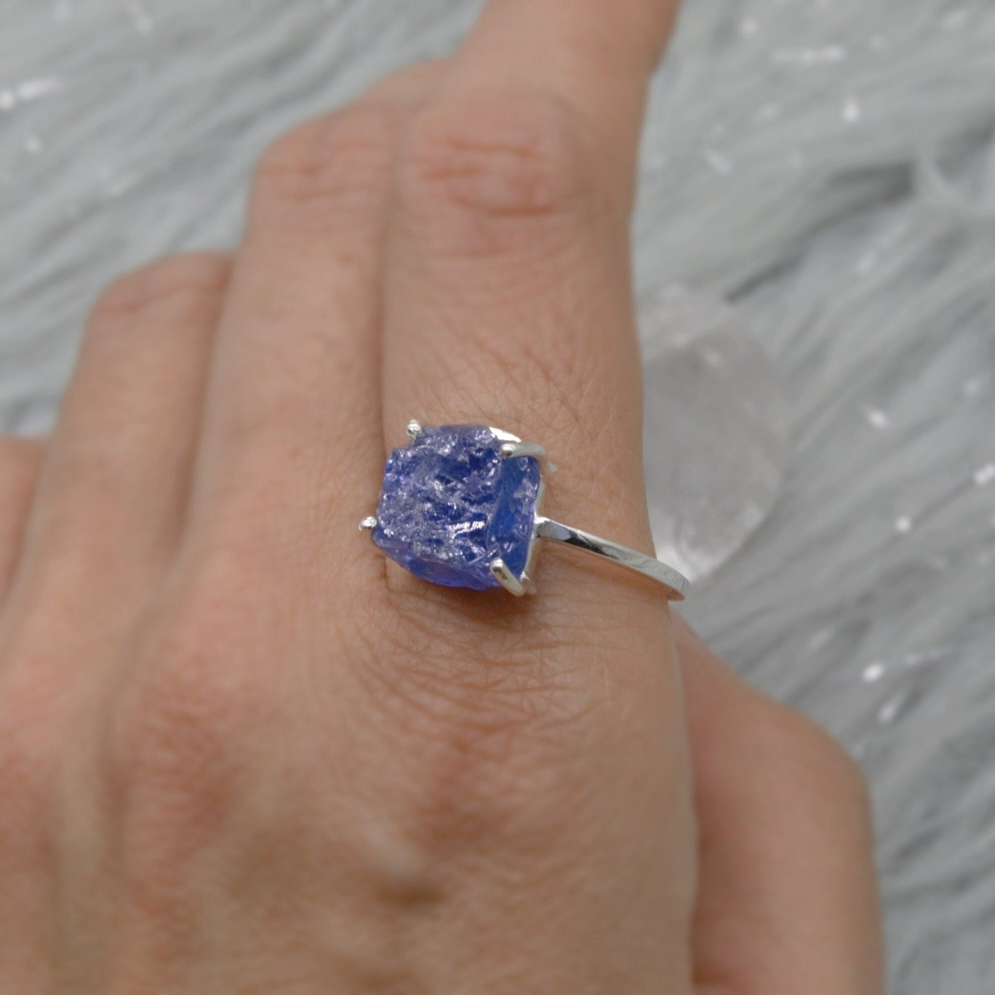 Raw Blue Tanzanite Sterling Silver Ring, Rough Cut Tanzanite, Rings for Women, December Birthstone, Raw Gem Ring, Birthday Gift, UK size T