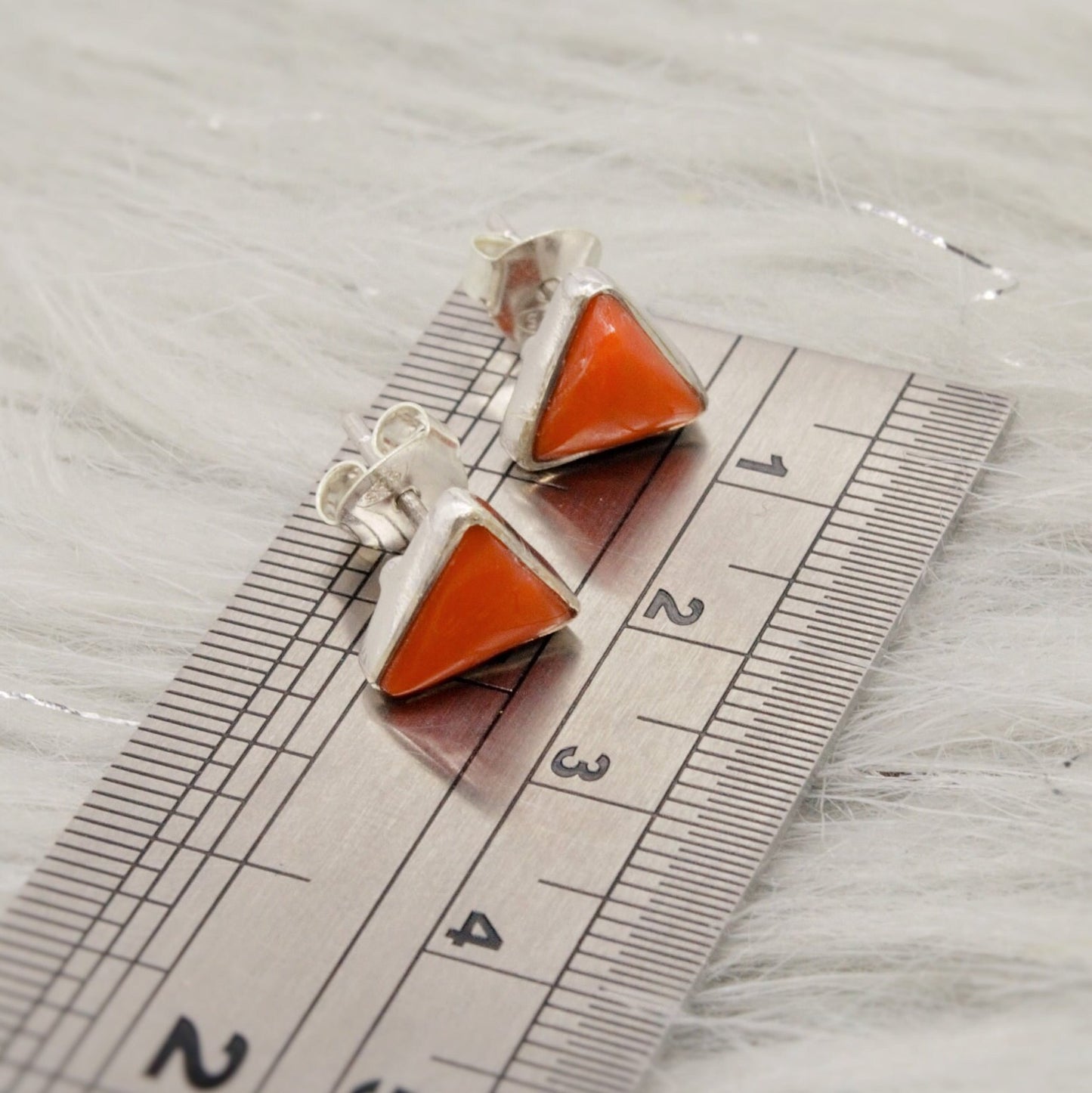 Red Coral Sterling Silver Stud Earrings, Dainty Triangle Earrings, Everyday Gemstone Earrings, Coral Jewelry, Birthday Gifts For Her