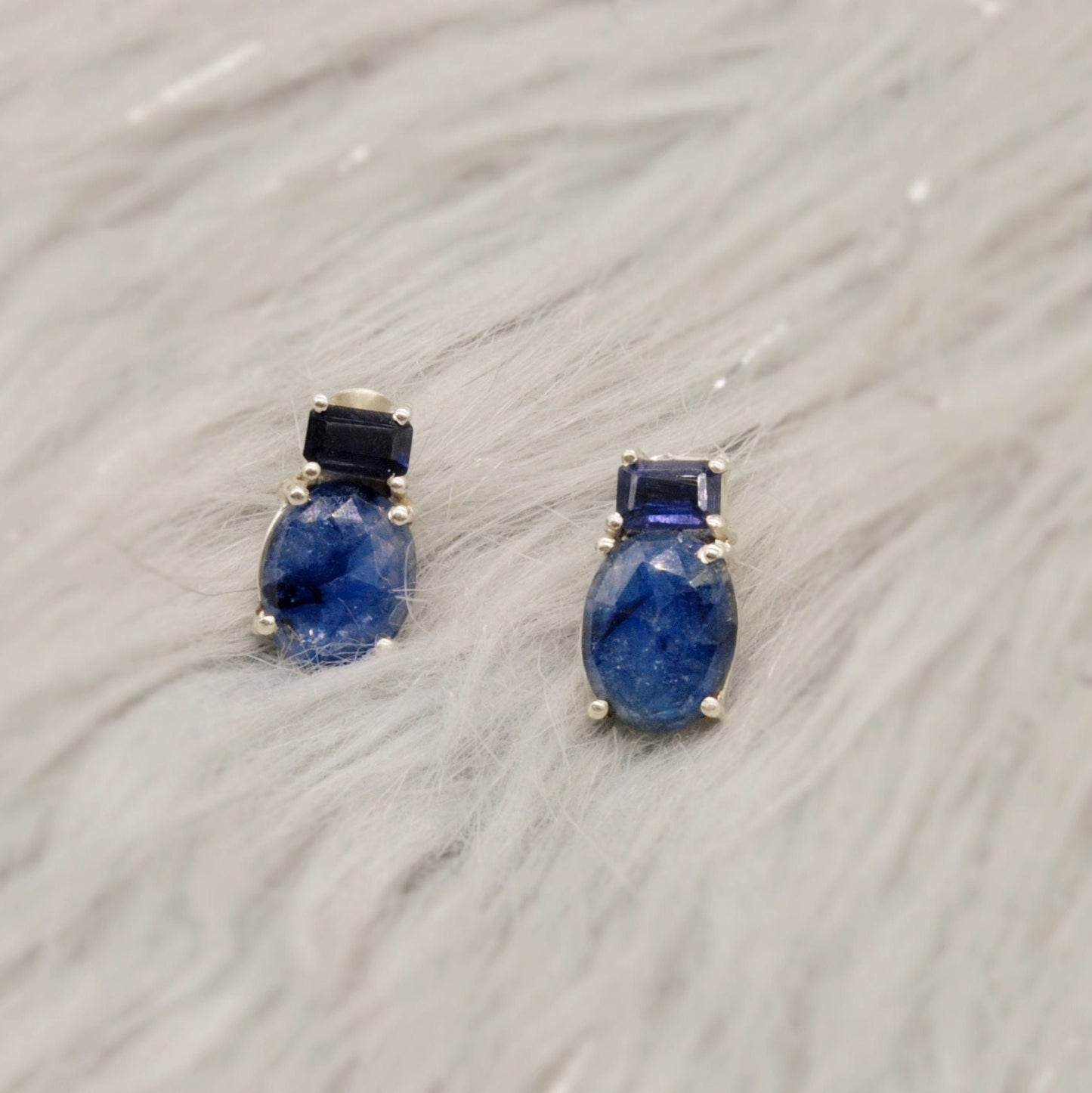 Sapphire, Iolite Silver Stud Earrings, September Birthstone Jewelry, Sapphire Jewelry, Iolite Jewelry, Raw Blue Gemstone Earrings