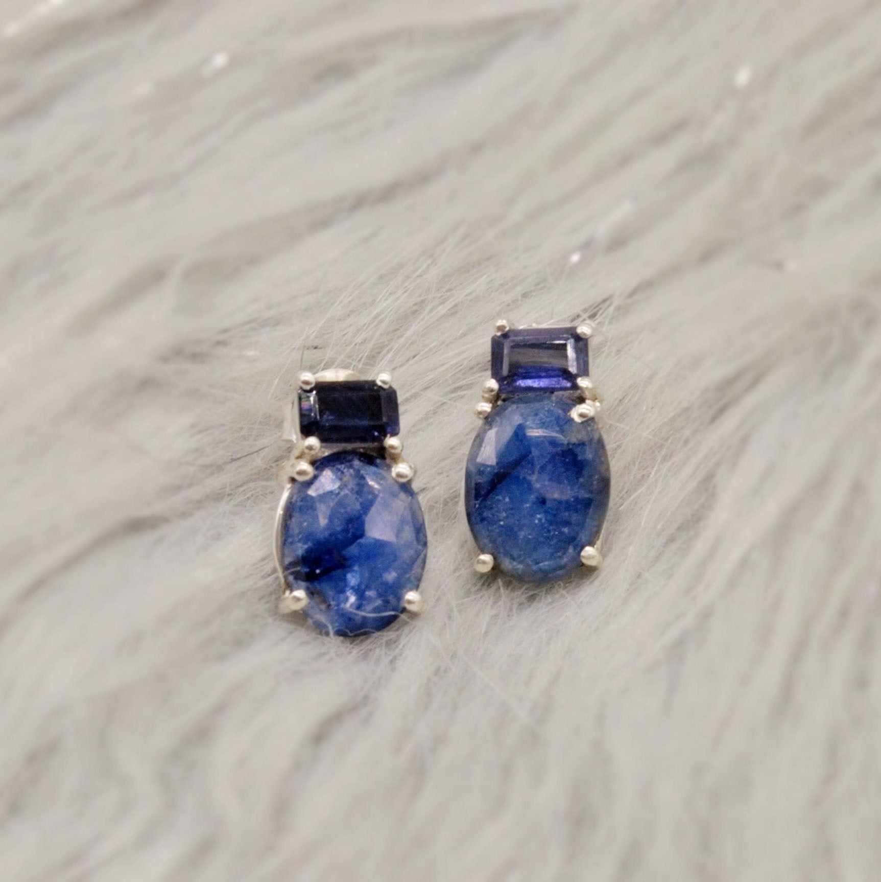 Sapphire, Iolite Silver Stud Earrings, September Birthstone Jewelry, Sapphire Jewelry, Iolite Jewelry, Raw Blue Gemstone Earrings