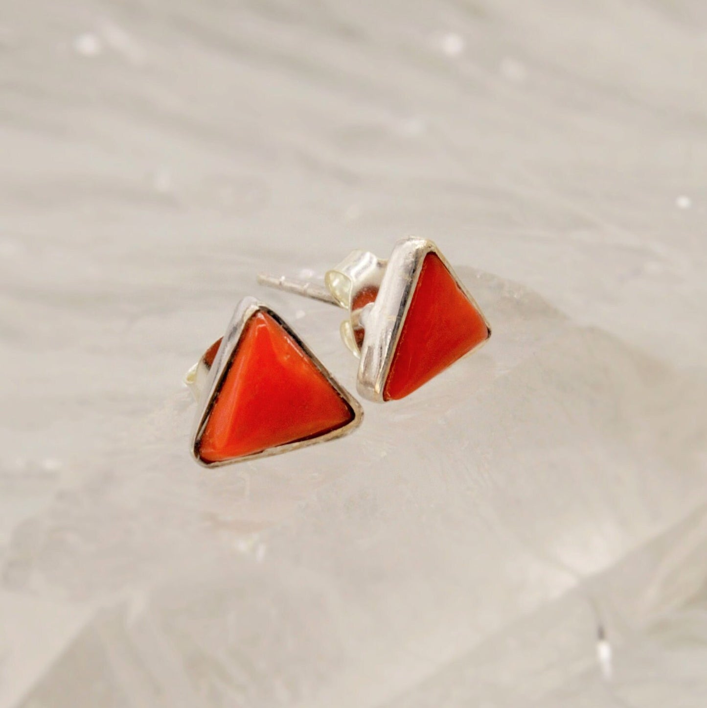 Red Coral Sterling Silver Stud Earrings, Dainty Triangle Earrings, Everyday Gemstone Earrings, Coral Jewelry, Birthday Gifts For Her