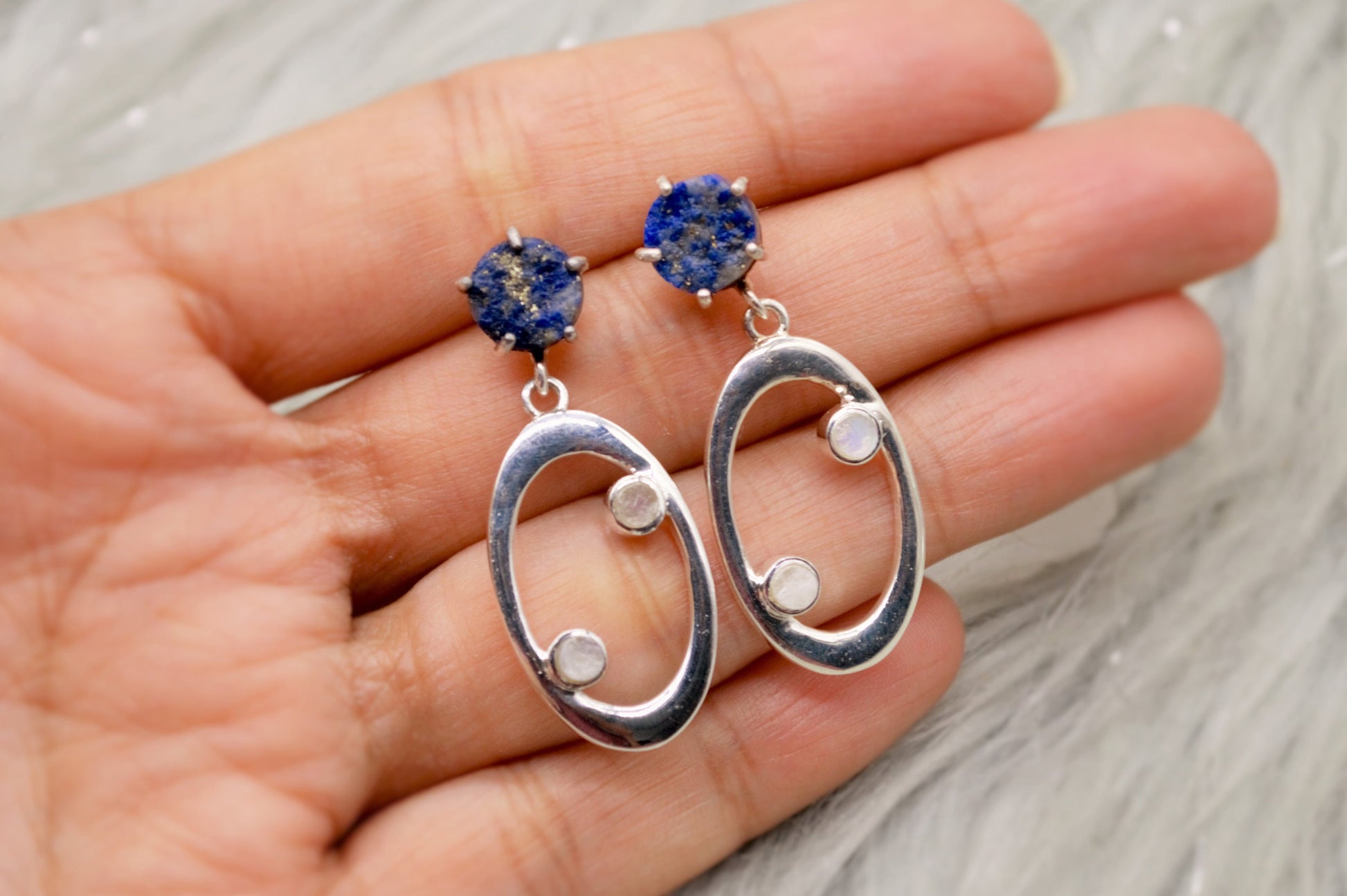 Lapis Lazuli, Moonstone Silver Earrings, June Birthstone, December Birthstone, Minimalist Blue Earrings, Sterling Silver Drop Earrings