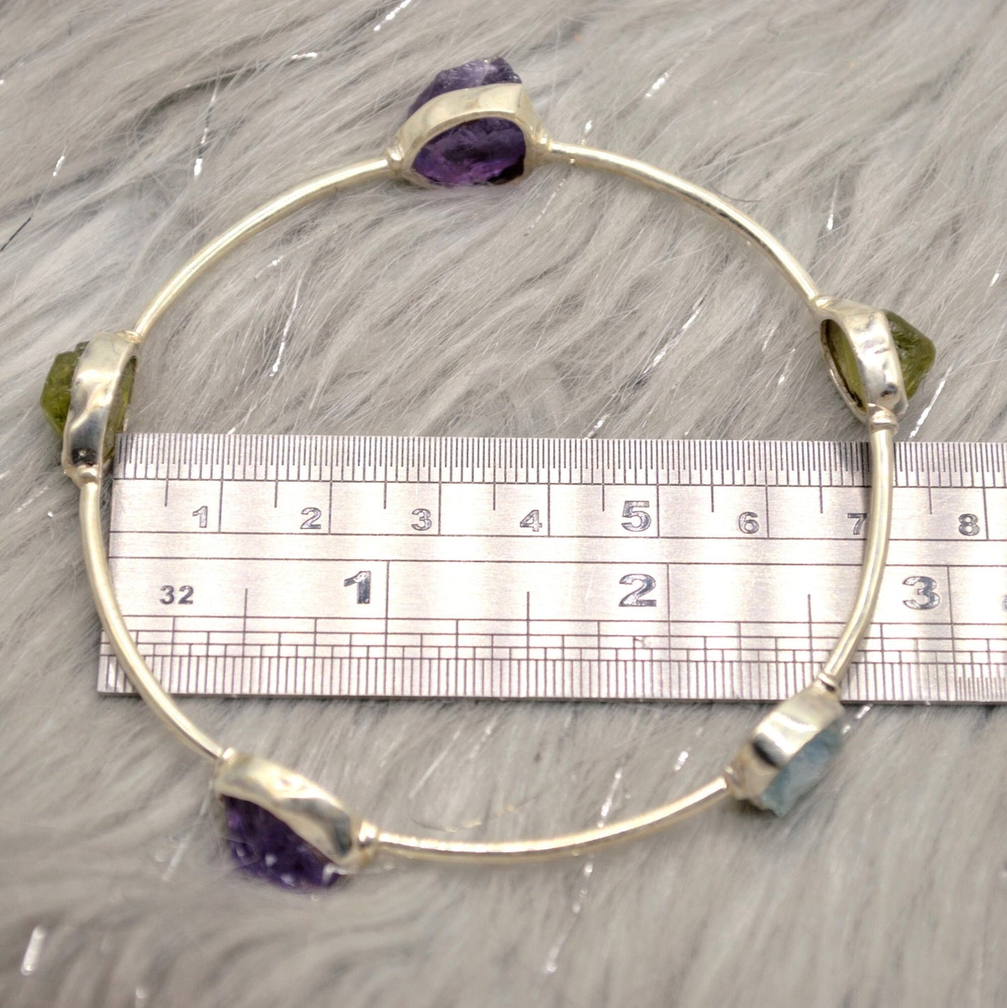 Amethyst, Peridot, Aquamarine Bangle Bracelet, Multi Coloured Raw Gemstone Silver Bracelet, Birthstone Bangle For Women, 7 cm Diameter