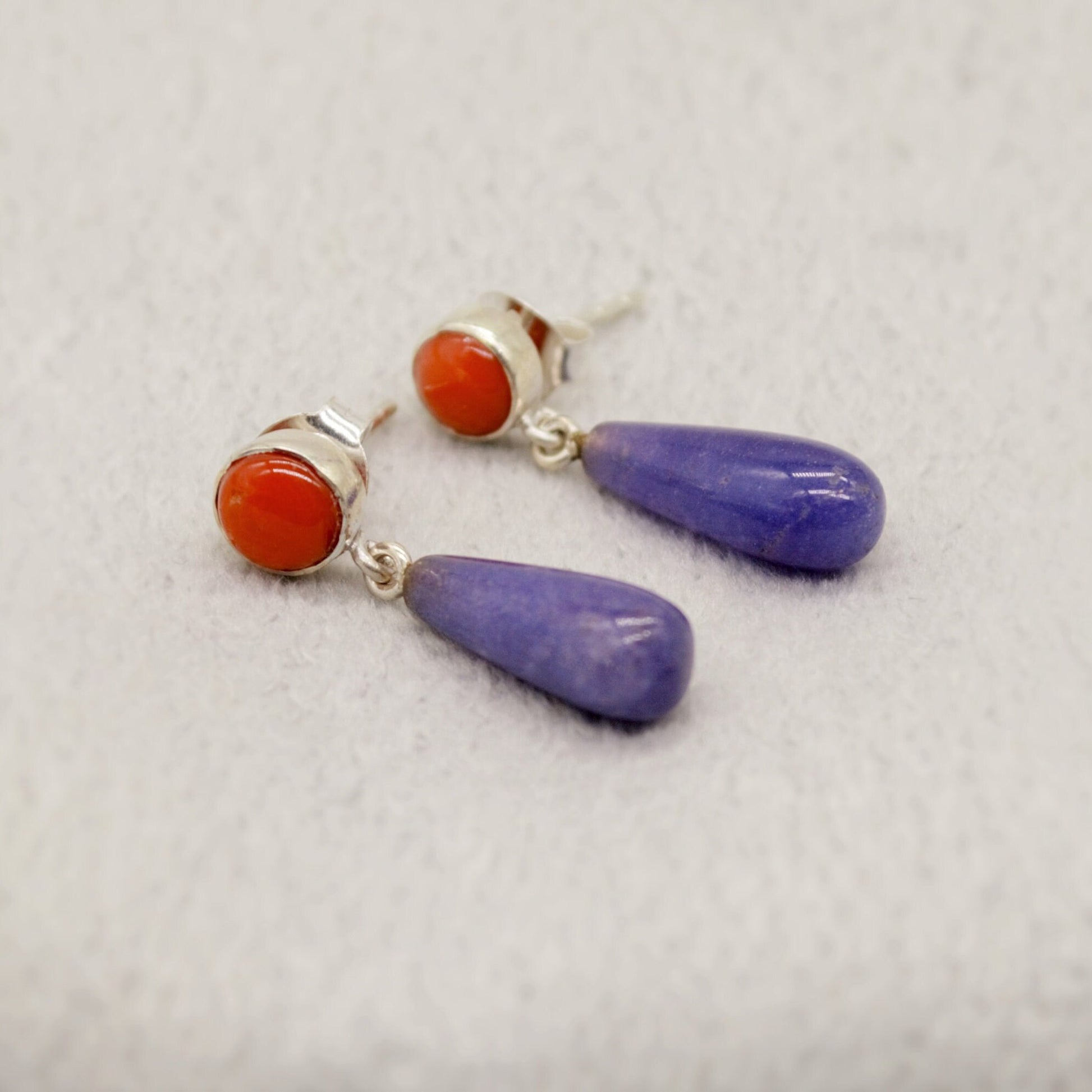 Purple Jade, Red Coral Drop Earrings, Sterling Silver, Red Coral Jewelry, Handmade Gemstone Earrings, Unique Cute Gifts For Her