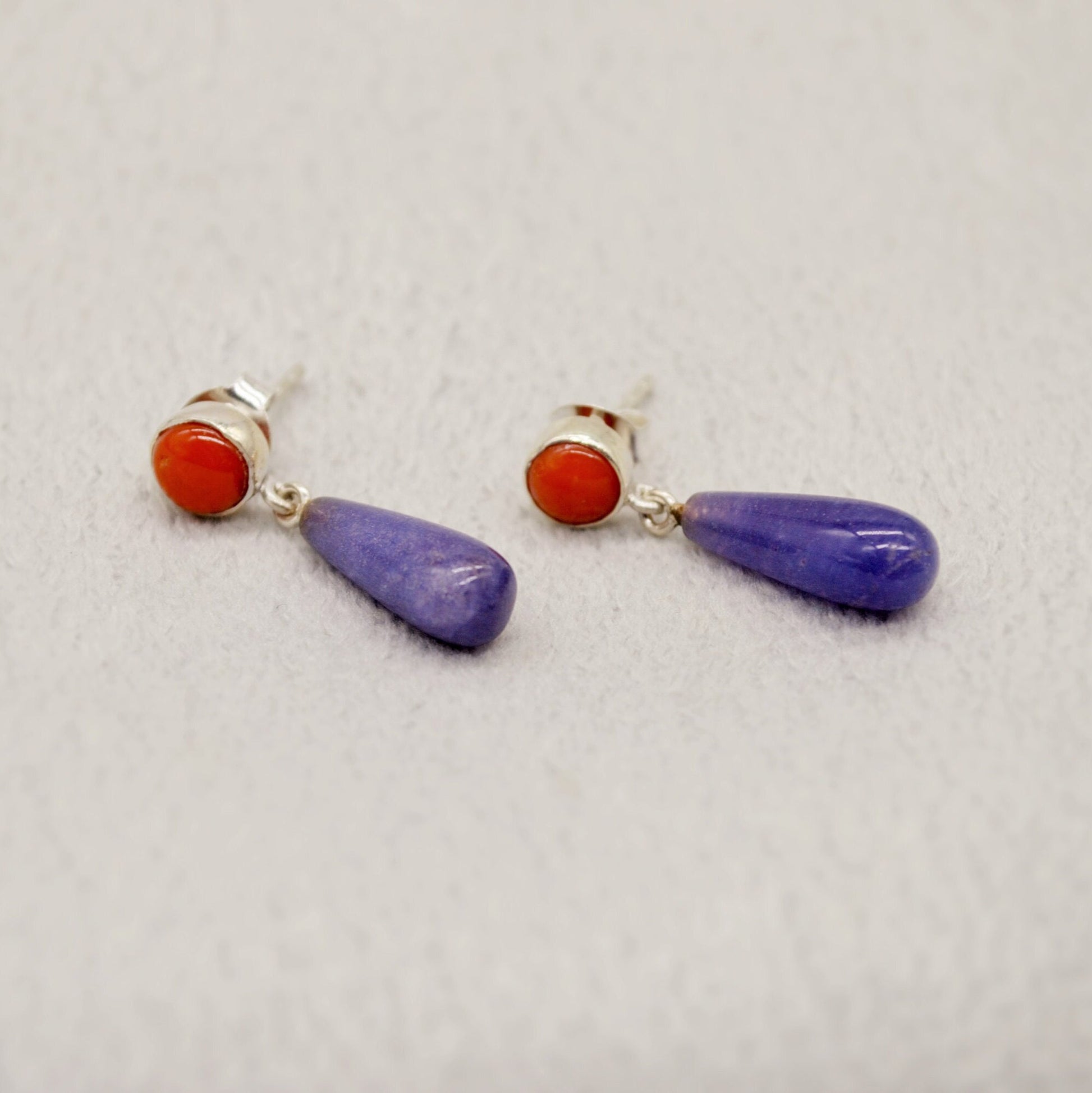 Purple Jade, Red Coral Drop Earrings, Sterling Silver, Red Coral Jewelry, Handmade Gemstone Earrings, Unique Cute Gifts For Her