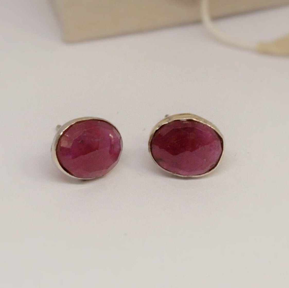 Ruby Silver Stud Earrings, Sterling Silver Red Earrings, Gift For Her, Handmade Minimalist Gemstone Earrings, July Birthstone Jewelry